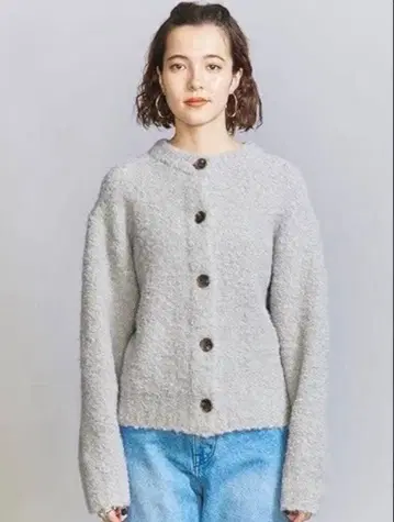 BY 울 알파카 블렌드 부클 니트 가디건 그레이
