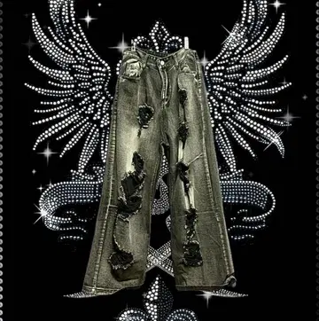 데미지 데님 배기 플레어 청바지 y2k 갸루 그런지