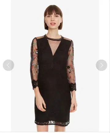 블랙 자수 장식 미니 드레스 레이스 원피스 데시구알 34 XS~S