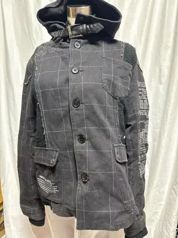 h.naoto 블랙 체크 무늬 후드 부착 자켓