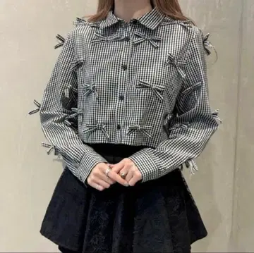 lillilly 리본 숏 블라우스 깅엄 체크