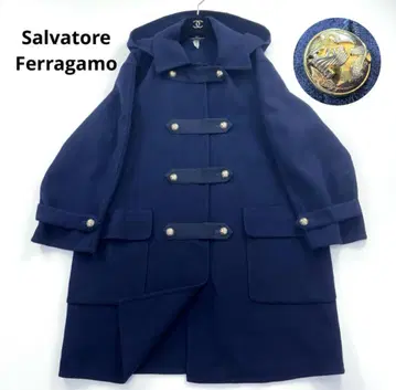 살바토레 페라가모 후드 부착 더플 코트 골드 버튼 이탈리아제 네이비