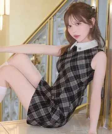 카라 부착 체크 미니 원피스 미셸 마카롱