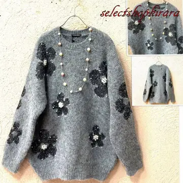 2025 신상 신축성 포근하고 부드러운 스팽글 & 펄 꽃 니트 L-LL