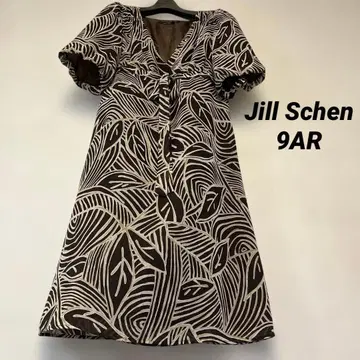 질 쉔 반팔 원피스 브라운 잎 패턴 9AR