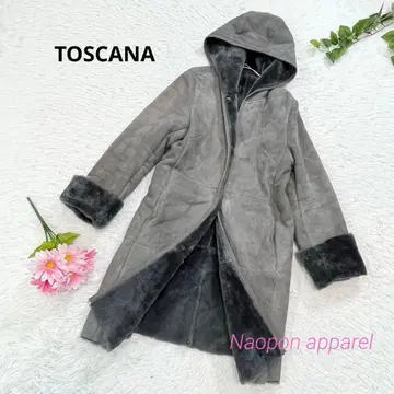 고급 토스카나 스페인산 리얼 램 무스탕 코트 후드 부착 그레이 S
