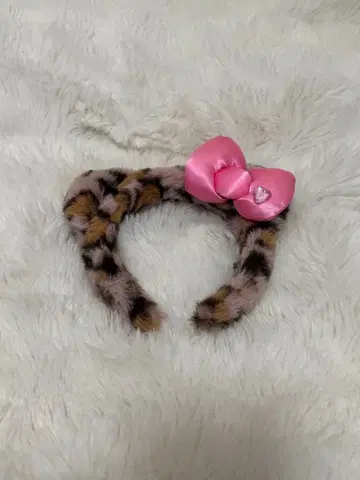 레오파드 무늬 퍼 핑크 리본 머리띠