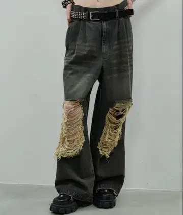 AIVER 오버다이 배기 크러쉬 데미지 데님 블랙