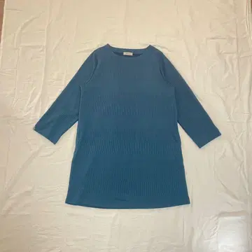 리브 편직 파랑 7부 소매 무릎 기장 원피스