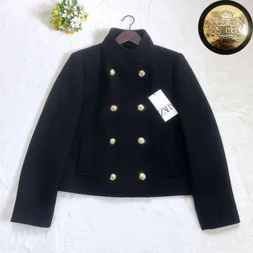 [ 새상품 ] ZARA 하이넥 숏 더블 브레스트 코트 골드 버튼 블랙 M