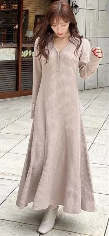 베이지 리브 니트 롱 원피스