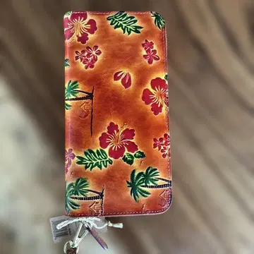 미사용 새상품, 하와이안 프린트 가죽 장지갑
