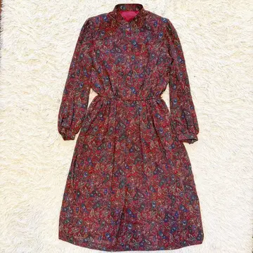 Onward 원피스 종아리 기장 쇼와 레트로 꽃무늬 올 패턴 레드 L