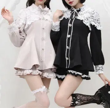 레이스 옷깃 팬츠 셋업 블랙