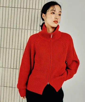 렙심 7게이지 배색 리브 ZIP 가디건 레드