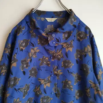 꽃무늬 롤 칼라 블라우스 블루 빈티지 카키