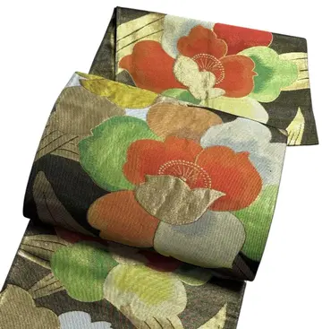 A 201 후쿠로 오비 육통 무늬 꽃 동백 순수 실크 기모노