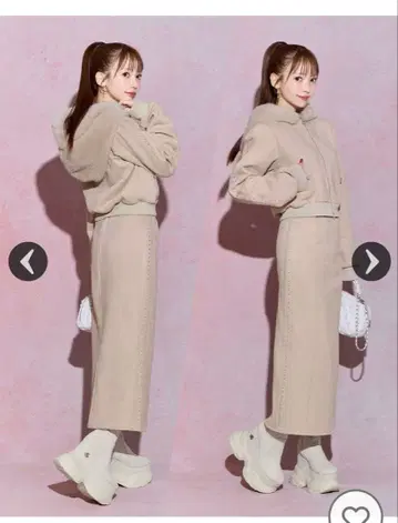 미셸 마카롱 퍼 후드티 타이트 스커트 셋업