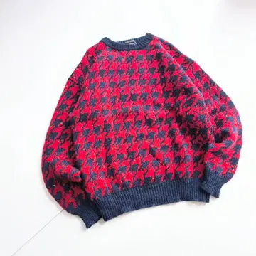 빈티지 셰틀랜드 울 니트 L 하운드투스 빨강 x 네이비 C16