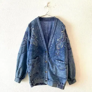 데님 자켓 자수 소매 밴딩 밑단 밴딩 면 혼방 풀 버튼 V넥 F