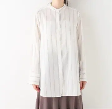 새상품급 IENA 밴드 카라 셔츠 스트라이프 드레이프감 루즈핏 워셔블