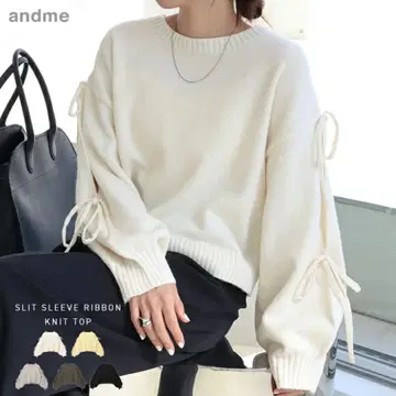소매 슬릿 리본 긴팔 니트 상의 화이트