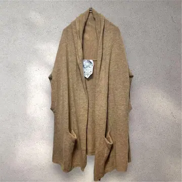 쓰리 반팔 가디건 포켓 부착 베스트 롱 베이지 울