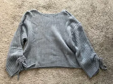 NOBLE 캐시미어 혼방 리브 편직 블루 스웨터 니트 소매 리본 노블