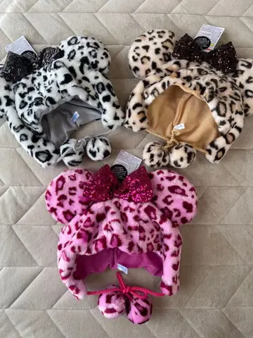 택 포함 미사용 새상품 미니 마우스 레오파드 무늬 모자 3세트