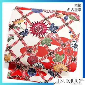 나고야 오비 형염 꽃 무늬 격자 기모노 102a o