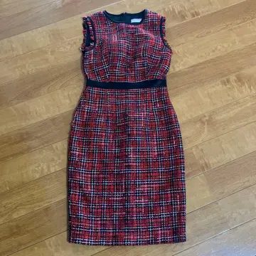 슬리브리스 타이트 원피스 빨간색 계열 체크