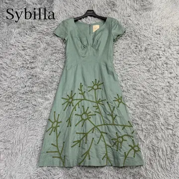 새상품급 시빌라 린넨코튼 자수 원피스 반팔 V넥 그린 M