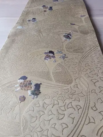 나고야 오비 와라베 자수 베이지 계열 오타이코 패턴 L21