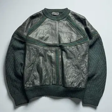 80s 90s 빈티지 SAXONY 천연 가죽 니트 절개 스웨터