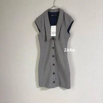 새상품급 자라 체크 무늬 미니 원피스 슬리브리스 V넥 버튼