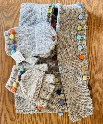 폼폼 포함 울 미튼 장갑 머플러 세트