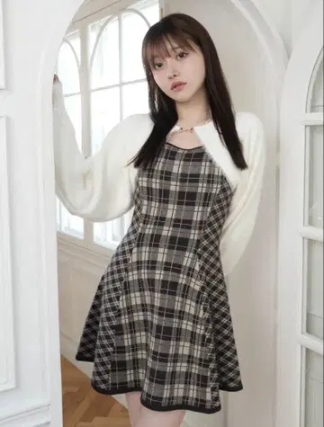 LIP SERVICE 페더 체크 앙상블 원피스 브라운 M