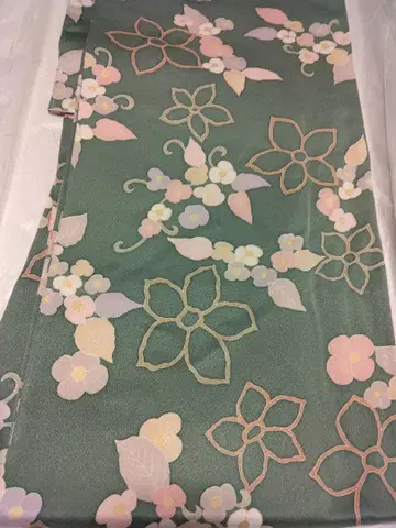 코몬 쇼와 기모노 그린 컬러 꽃무늬 오렌지