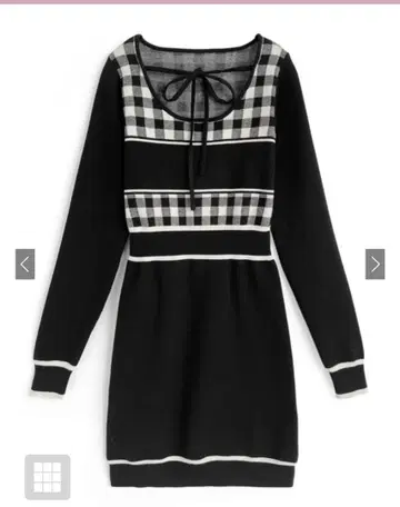 깅엄 체크 패턴 배색 라인 니트 미니 원피스 [ ru1353 ]