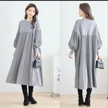 TRUBE 그레이 플리츠 디자인 긴팔 원피스