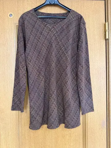 요건 레일 브라운 체크 무늬 V넥 긴팔 셔츠