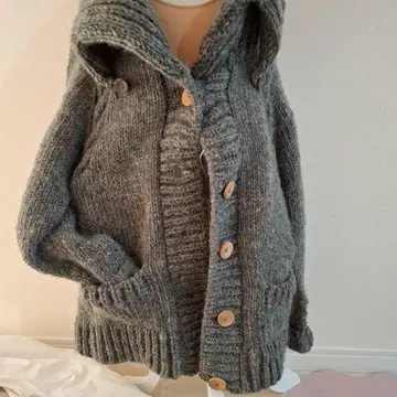 후드 부착 그레이 니트 가디건