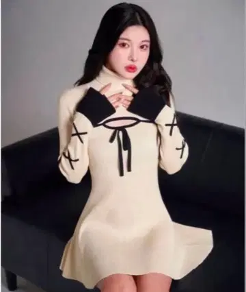 Darich 바이컬러 리본 디자인 니트 미니 원피스