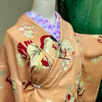 [익명 배송] 앤티크 단의 기모노 순수 실크 린자 꽃무늬 모던 패턴 핑크