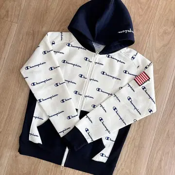 [ Champion ] 집업 후드티 화이트/네이비 ( L )