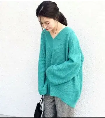 SHIPS 터콰이즈 그린 V넥 오버 사이즈 니트