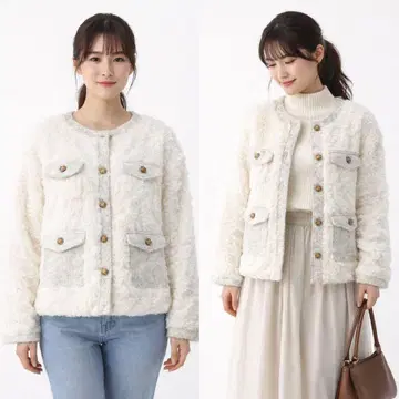 LAC-VERT 보아 자켓 화이트 트위드 테두리 골드 버튼 FREE