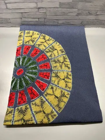 미사용 크레이프 원단 나고야 오비 순수 실크 블루 그레이 바탕