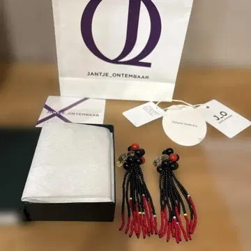 프린지 비즈 이어링 레드 블랙