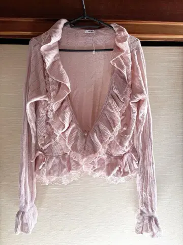 [액세스 팜므 계열] 리본 레이스 프릴 가디건 볼레로 핑크